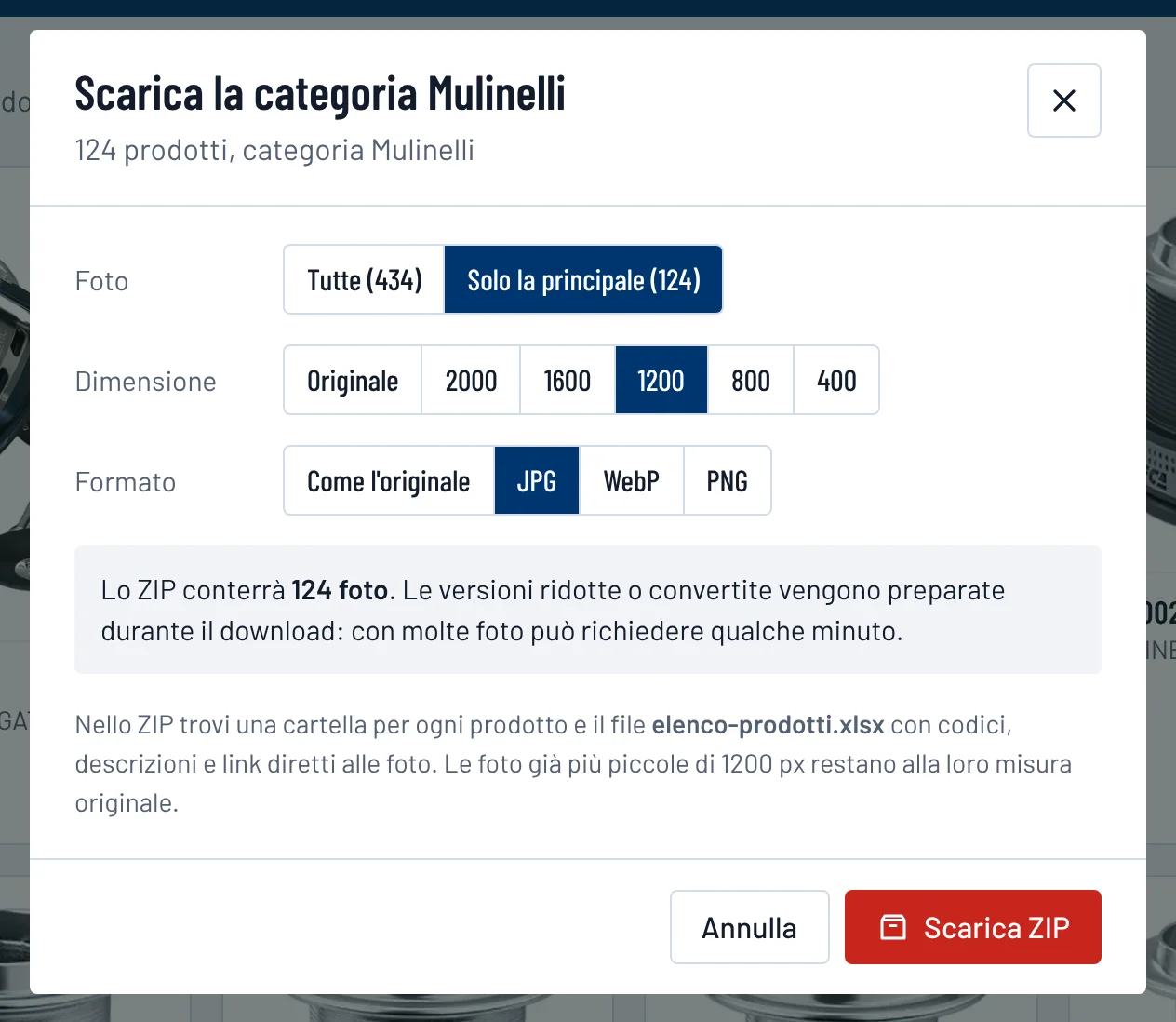 Finestra di download della categoria con le scelte di foto, dimensione e formato